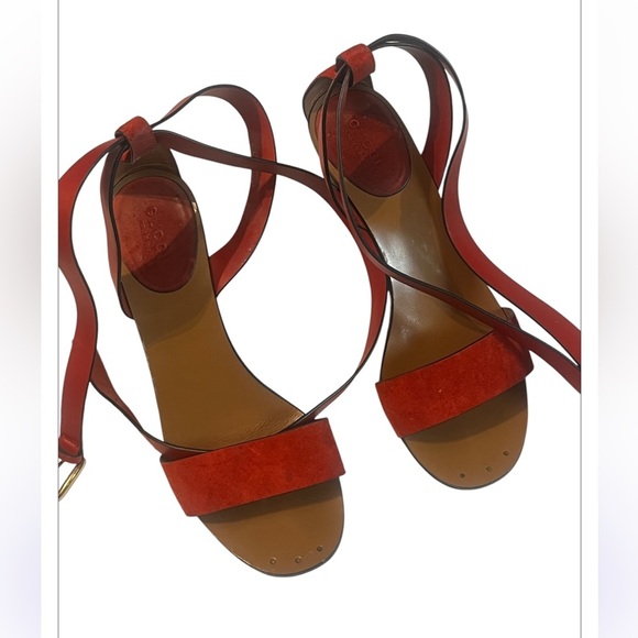 Gucci Authentic 7 US 37 EU Red Orange Leather GG Marmont Sandals Shoes Heels - Picture 11 of 14